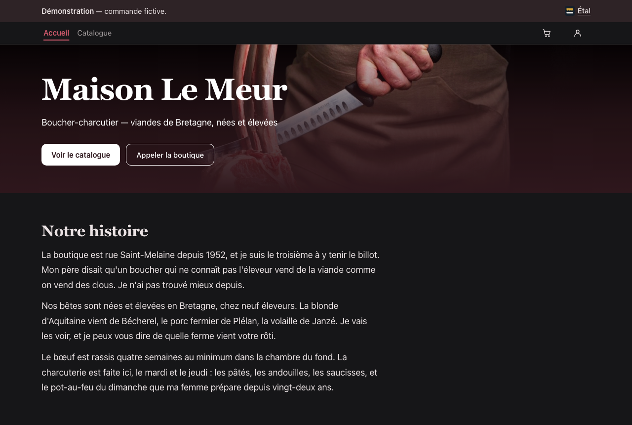 Page d'accueil de la démonstration boucherie : l'enseigne « Maison Le Meur » sur une photographie d'un boucher au travail, le bandeau qui annonce la démonstration, et les rayons illustrés.